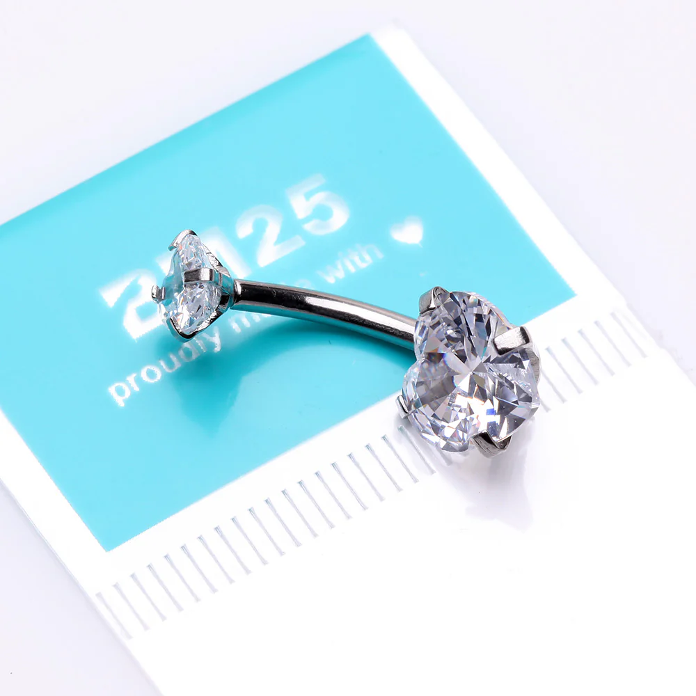 Double Heart Sparkle Prong Internally Threaded Belly Button Ring - Image 5