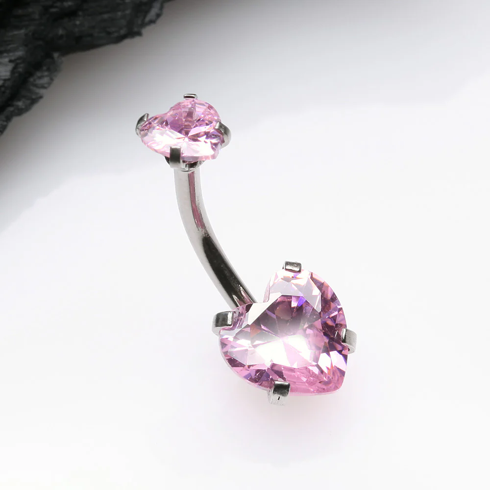 Double Heart Sparkle Prong Internally Threaded Belly Button Ring - Image 3
