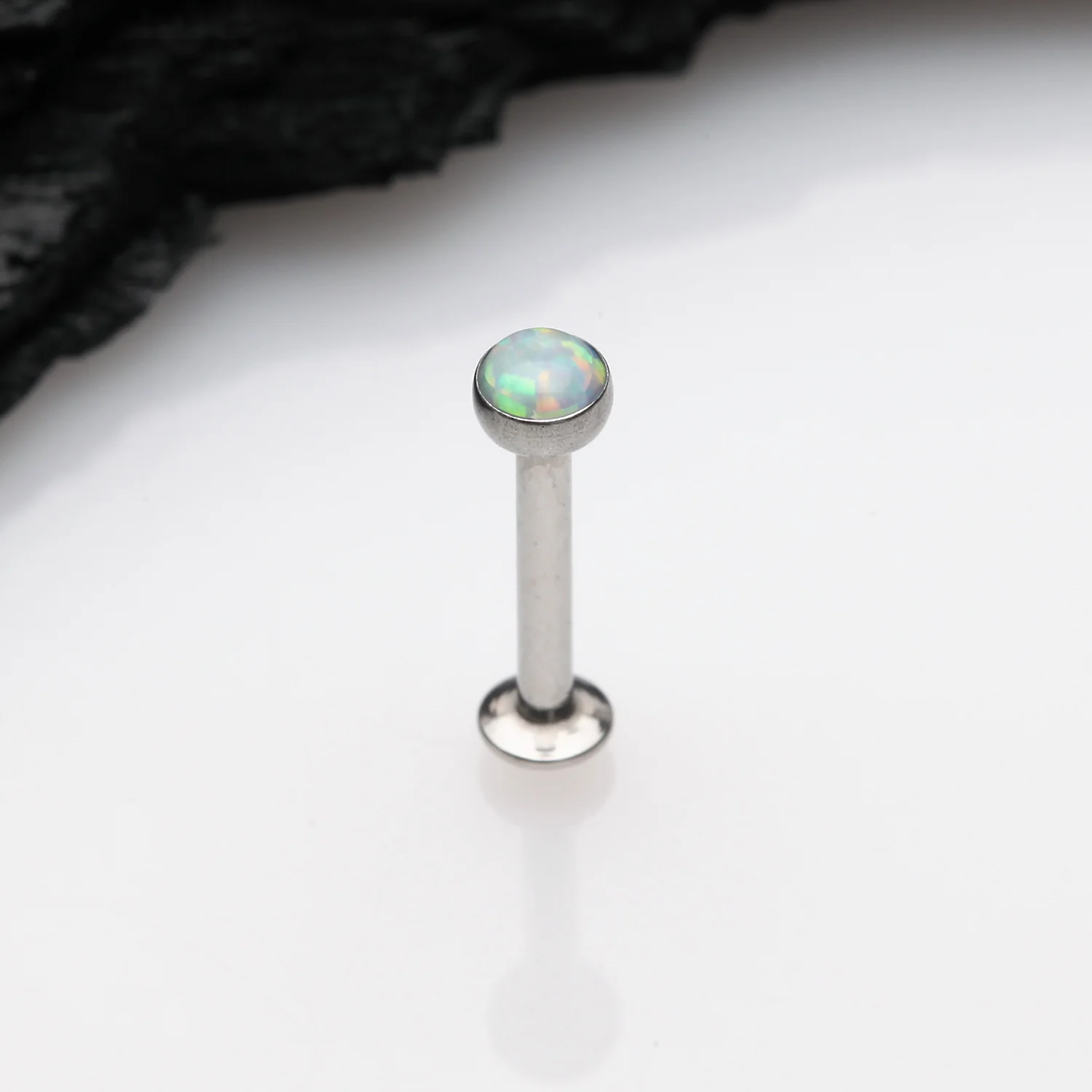 Fire Opal Bezel Set Top Threadless Push-In Steel Labret - Image 2