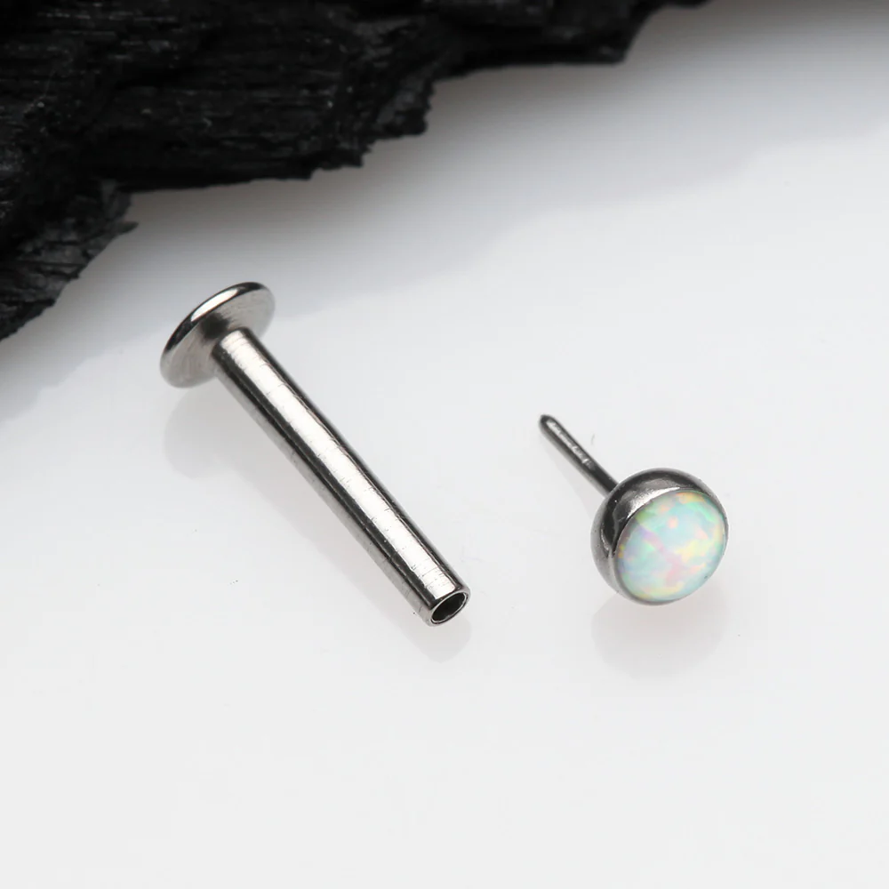 Fire Opal Bezel Set Top Threadless Push-In Steel Labret - Image 3