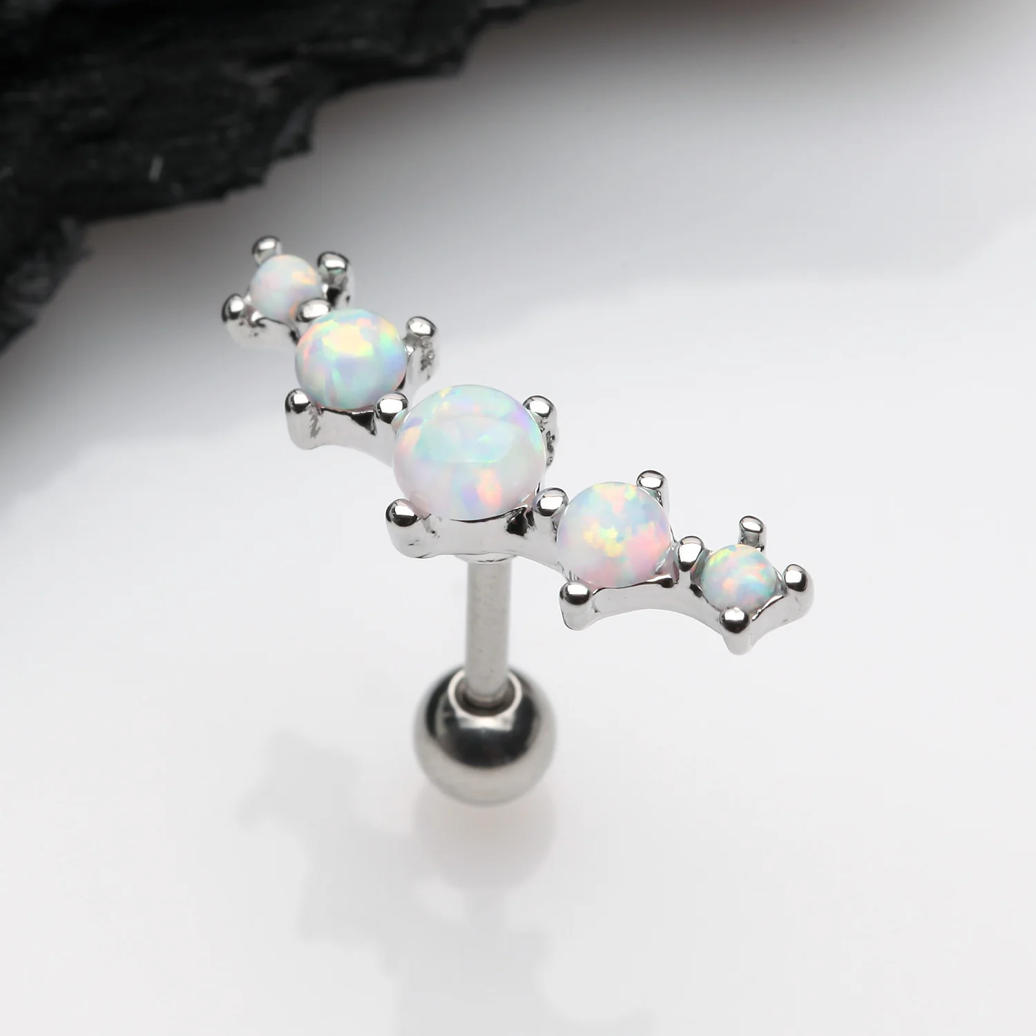 Fire Opal Journey Curve Prong Set Cartilage Tragus Barbell Earring - Image 2