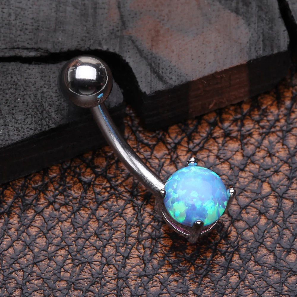 Fire Opal Prong Set Basic Steel Belly Button Ring - Image 3