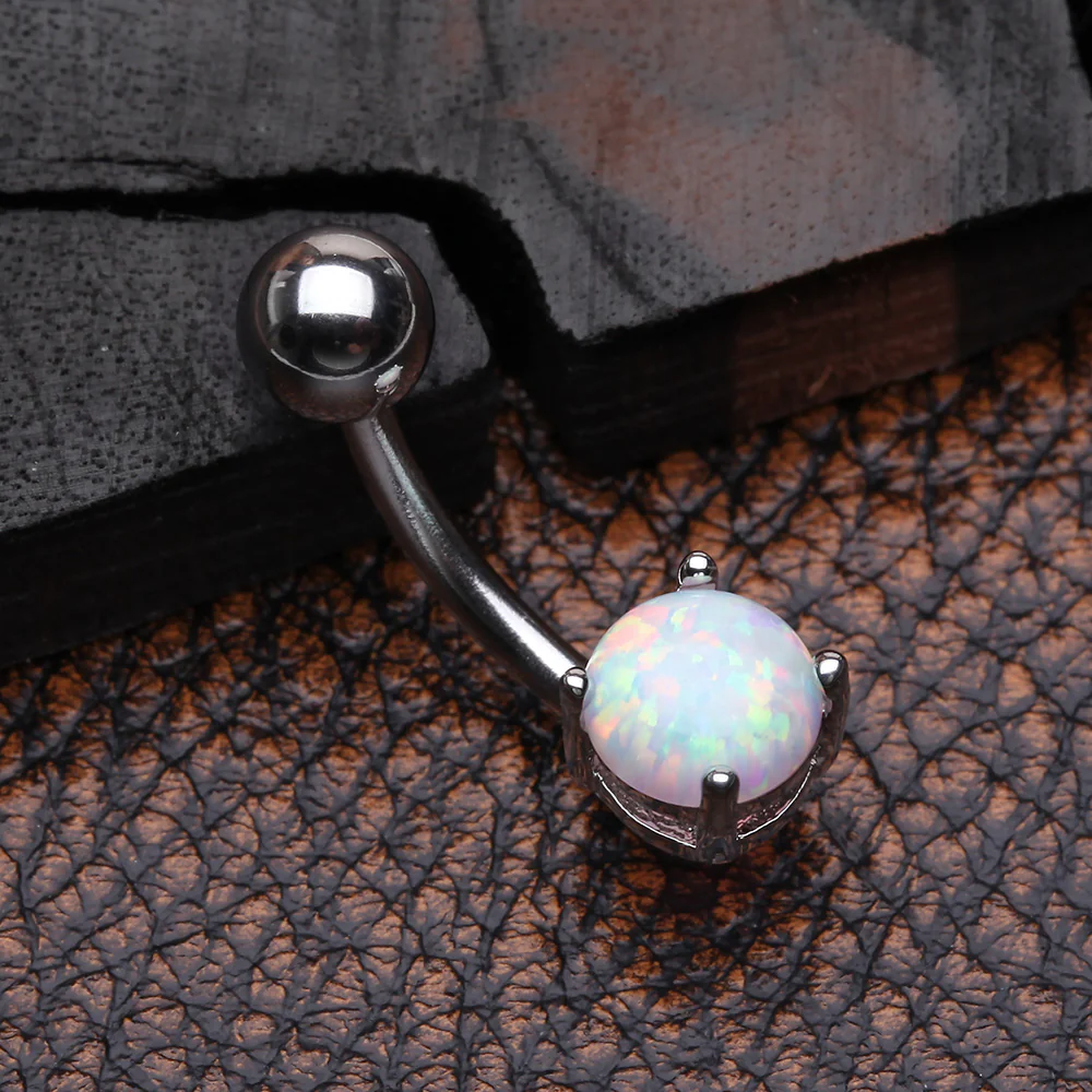 Fire Opal Prong Set Basic Steel Belly Button Ring - Image 3