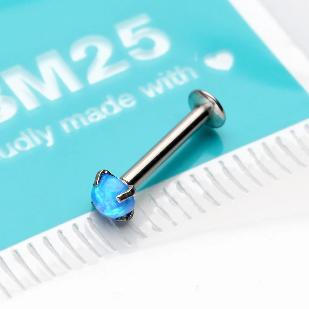 Fire Opal Prong Set Top Threadless Push-In Steel Labret - Image 4