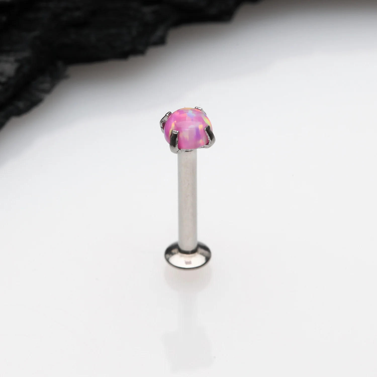 Fire Opal Prong Set Top Threadless Push-In Steel Labret - Image 2