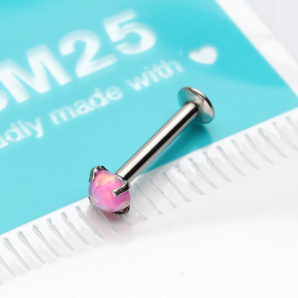 Fire Opal Prong Set Top Threadless Push-In Steel Labret - Image 4