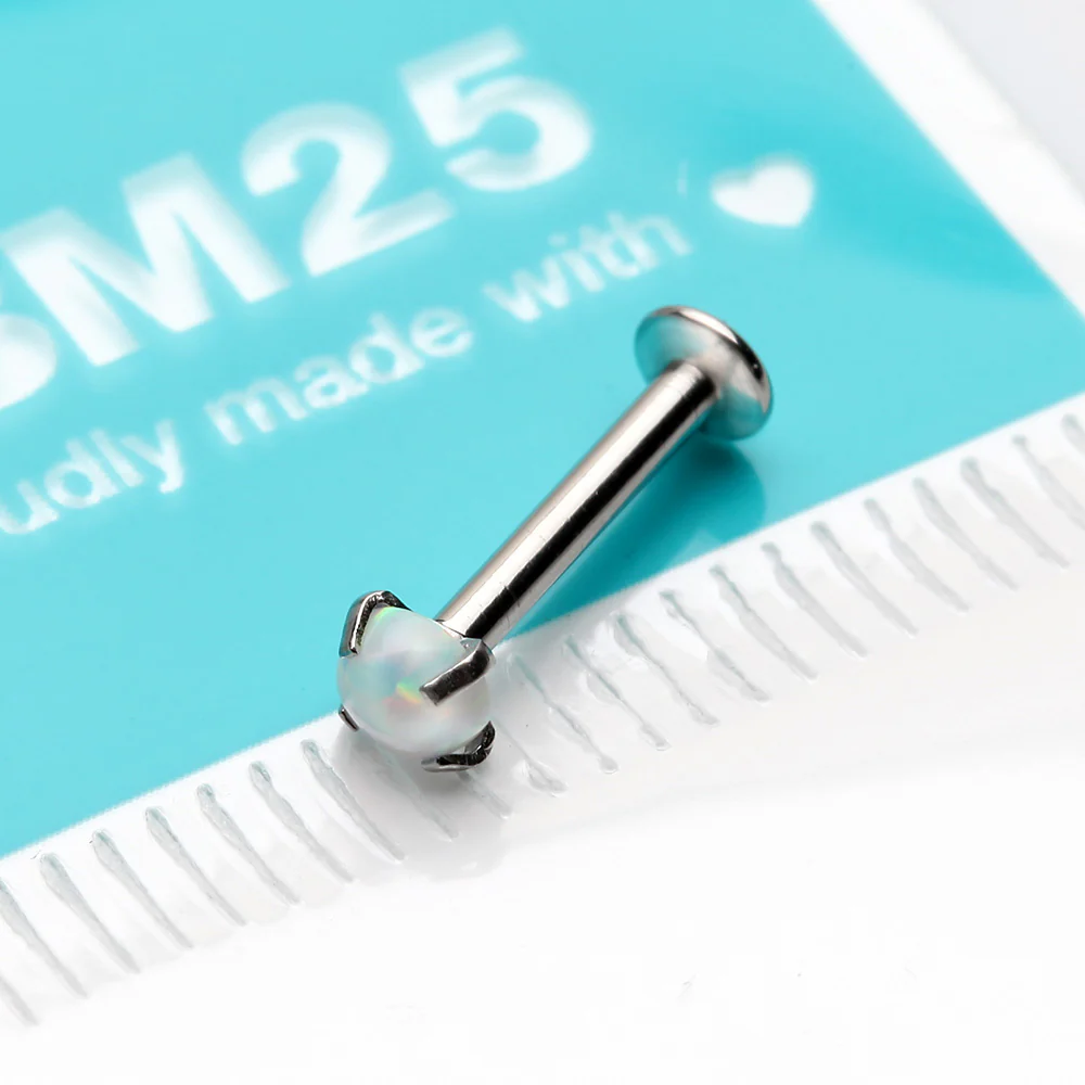 Fire Opal Prong Set Top Threadless Push-In Steel Labret - Image 4