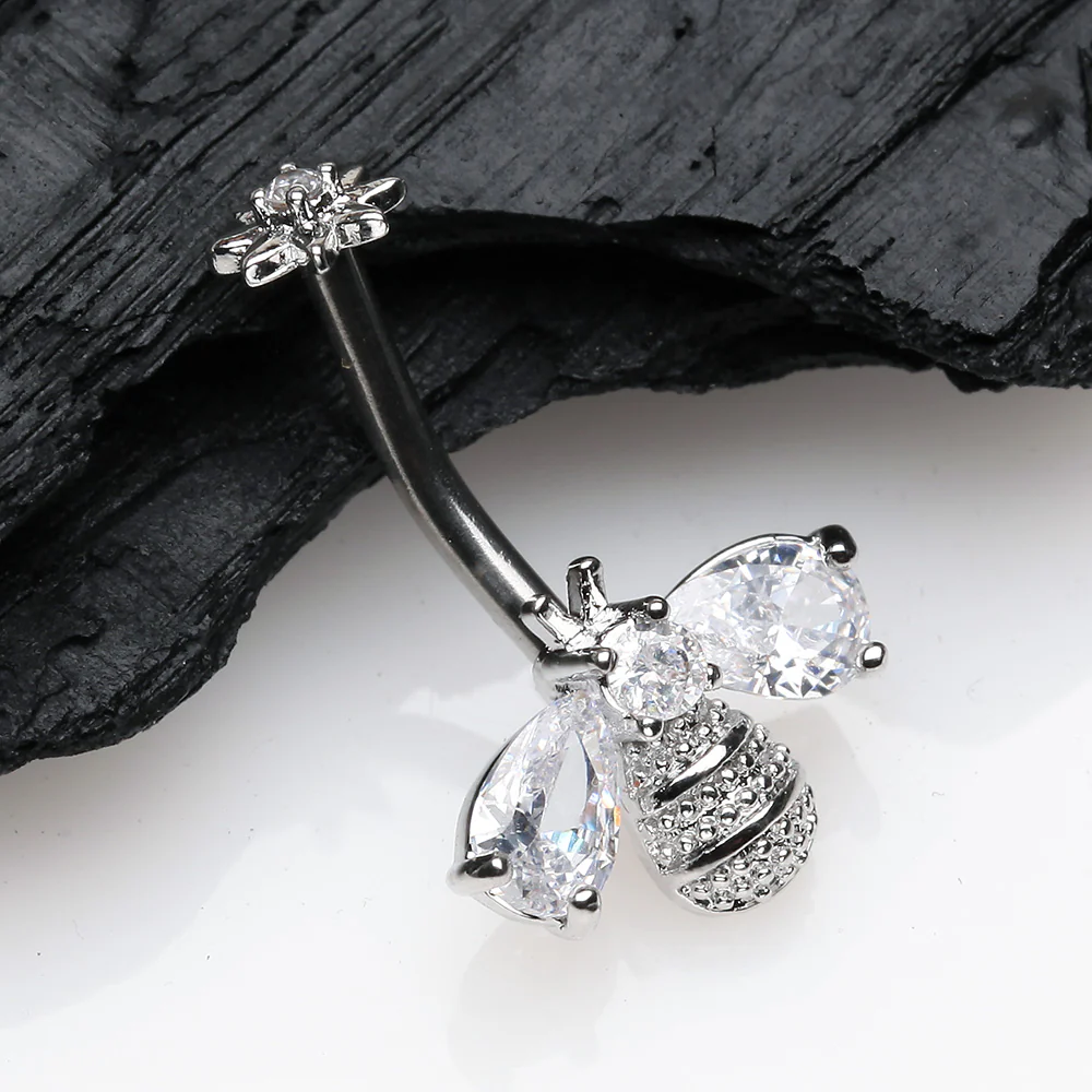 Flower Sparkle Honey Bee Internally Threaded Belly Button Ring - Image 3