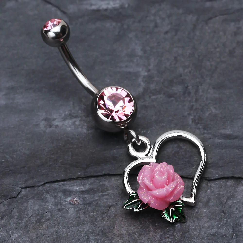Glittering Sweet Heart with Rose Belly Button Ring - Image 3