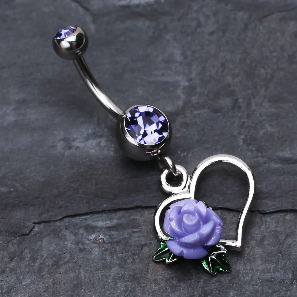 Glittering Sweet Heart with Rose Belly Button Ring - Image 3