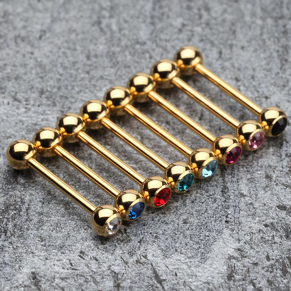 Gold Plated Basic Gem Ball Barbell Tongue Ring - Image 3
