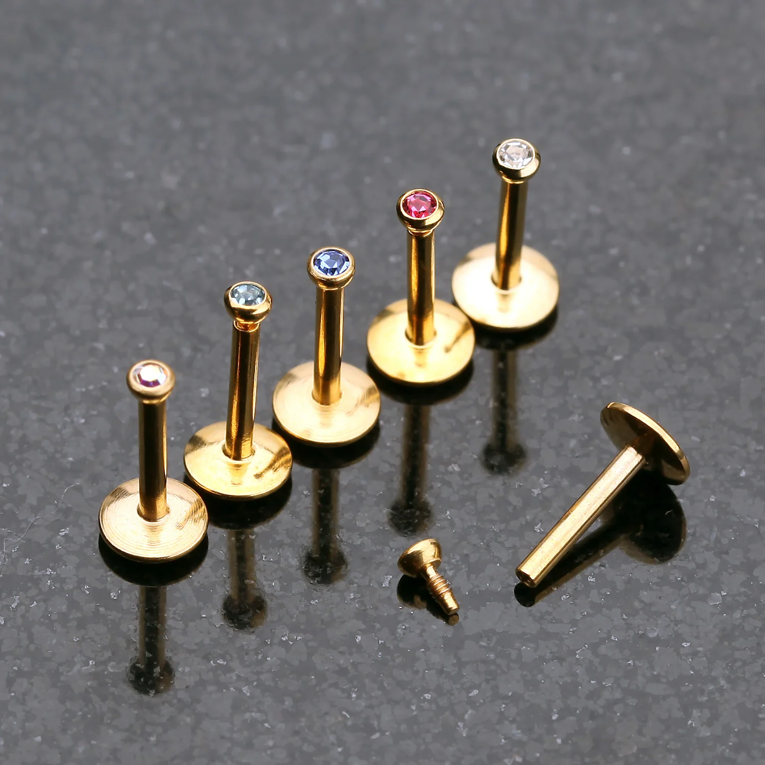 Gold Plated Gem Ball Internally Threaded Labret - Image 2