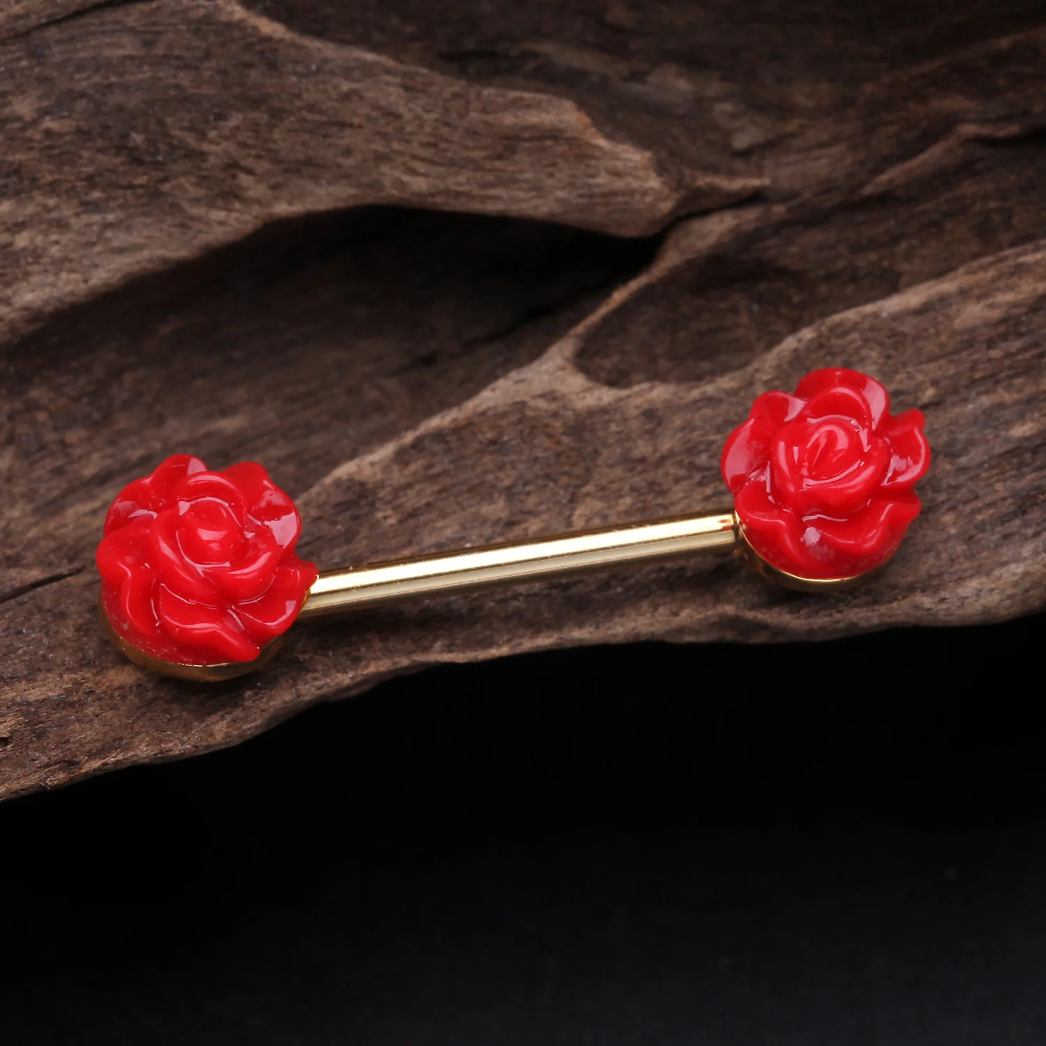 A Pair of Golden Acrylic Rose Blossom Nipple Barbell Ring - Image 2