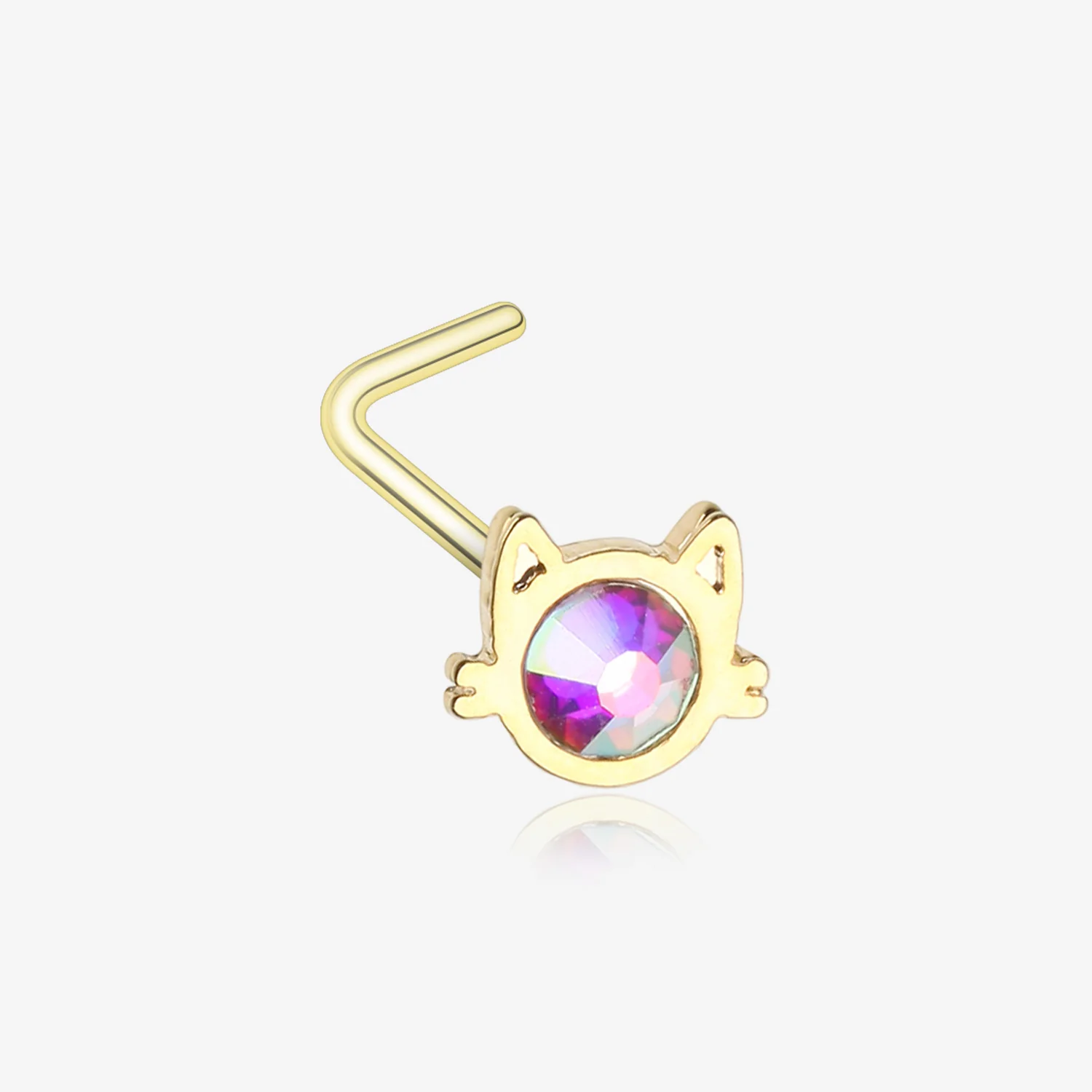 Golden Adorable Cat Face Iridescent Sparkle L-Shaped Nose Ring