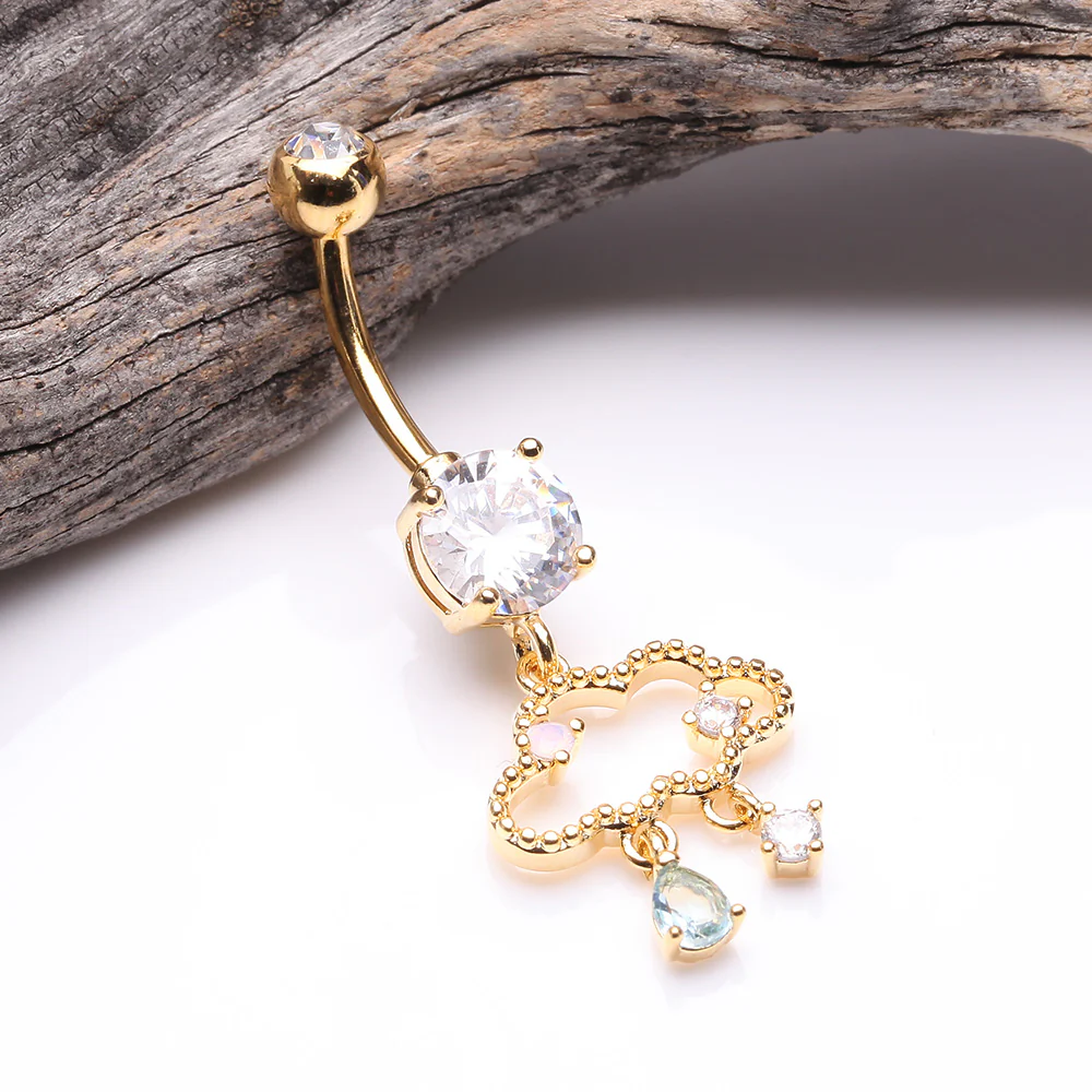 Golden Adorable Cloud Rainy Sparkles Belly Button Ring - Image 3