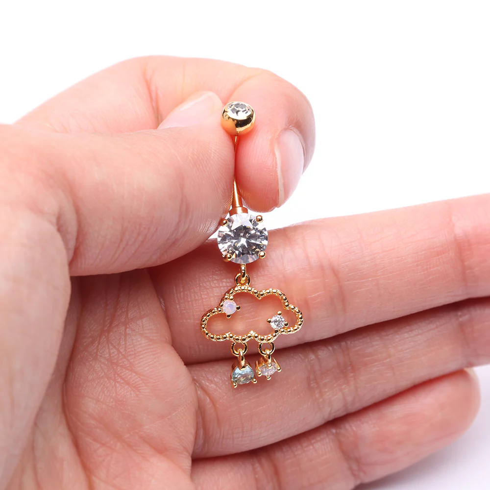 Golden Adorable Cloud Rainy Sparkles Belly Button Ring - Image 4