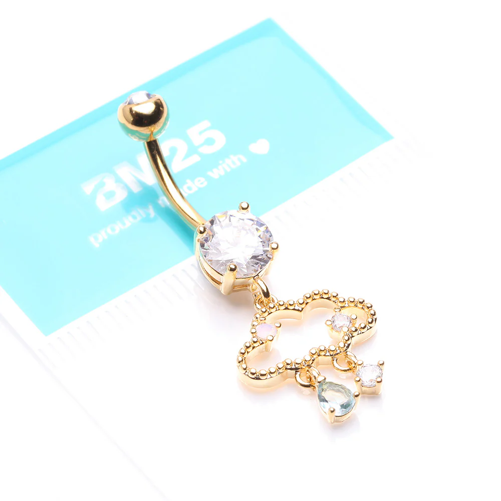 Golden Adorable Cloud Rainy Sparkles Belly Button Ring - Image 5