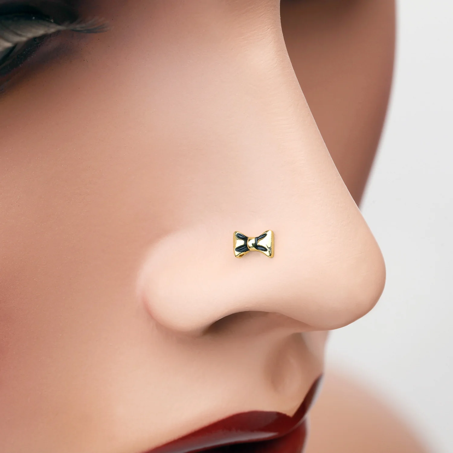 Golden Adorable Dainty Bow-Tie L-Shaped Nose Ring - Image 2