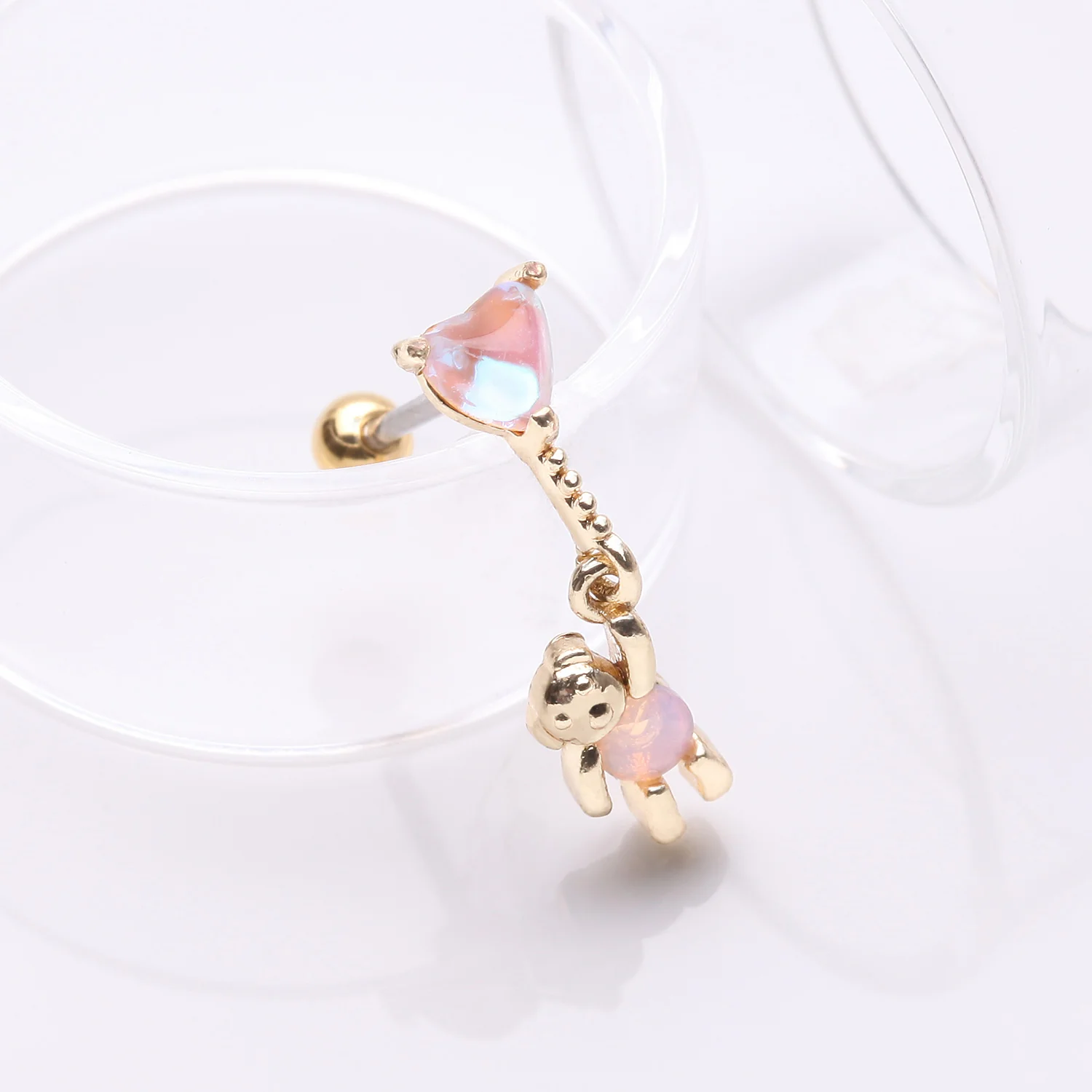 Golden Adorable Floating Bear Heart Balloon Sparkle Cartilage Barbell Earring - Image 2