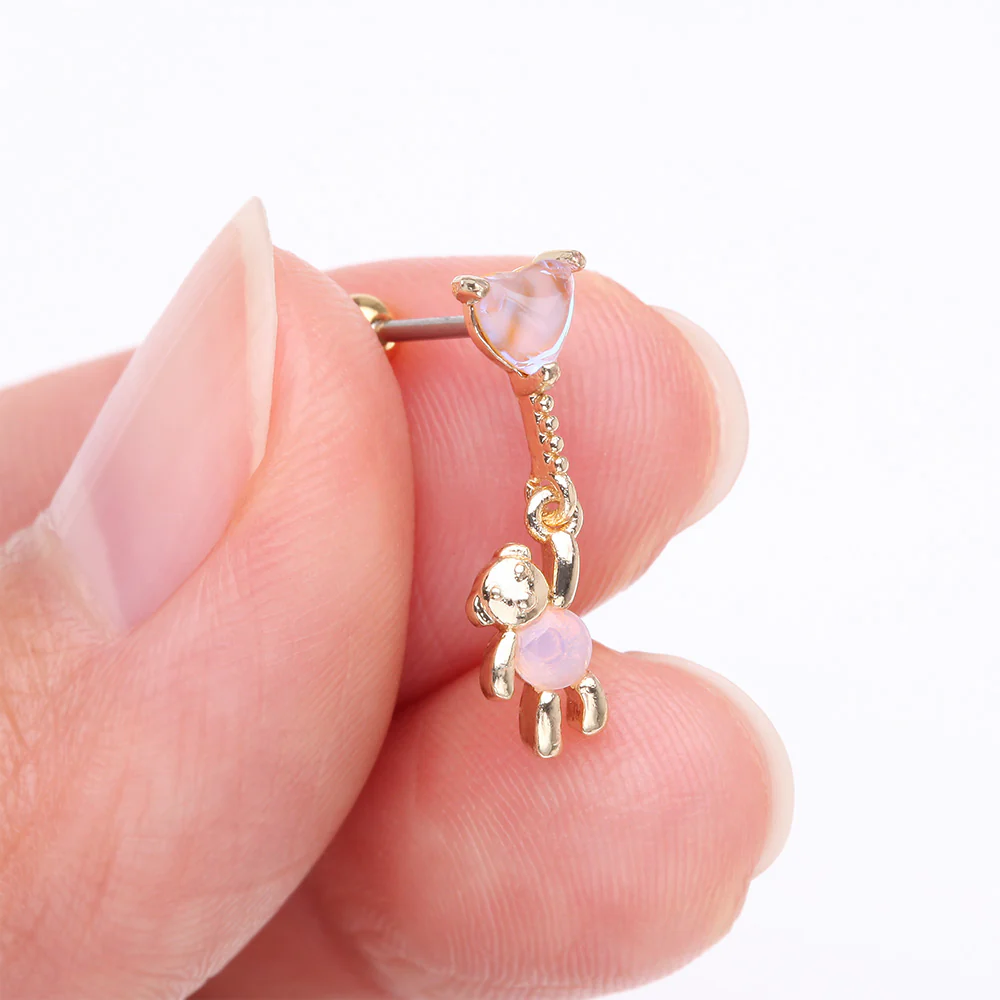 Golden Adorable Floating Bear Heart Balloon Sparkle Cartilage Barbell Earring - Image 3