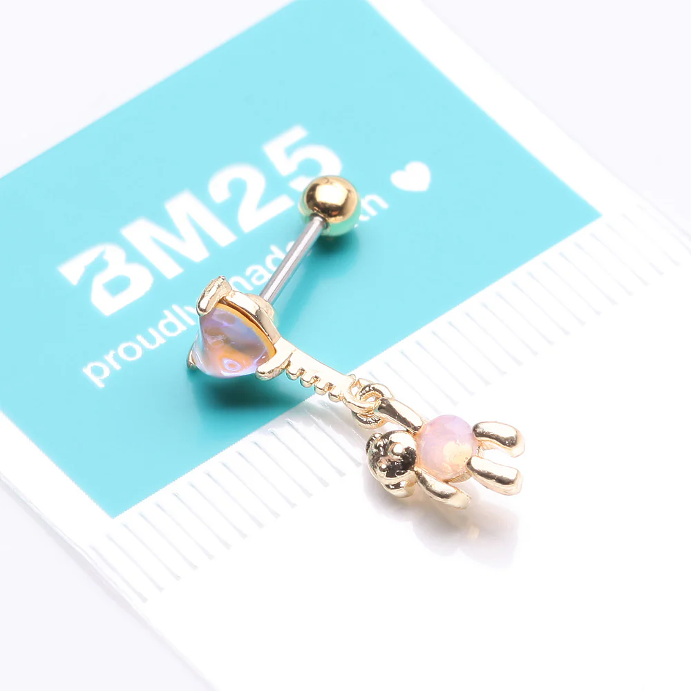 Golden Adorable Floating Bear Heart Balloon Sparkle Cartilage Barbell Earring - Image 5