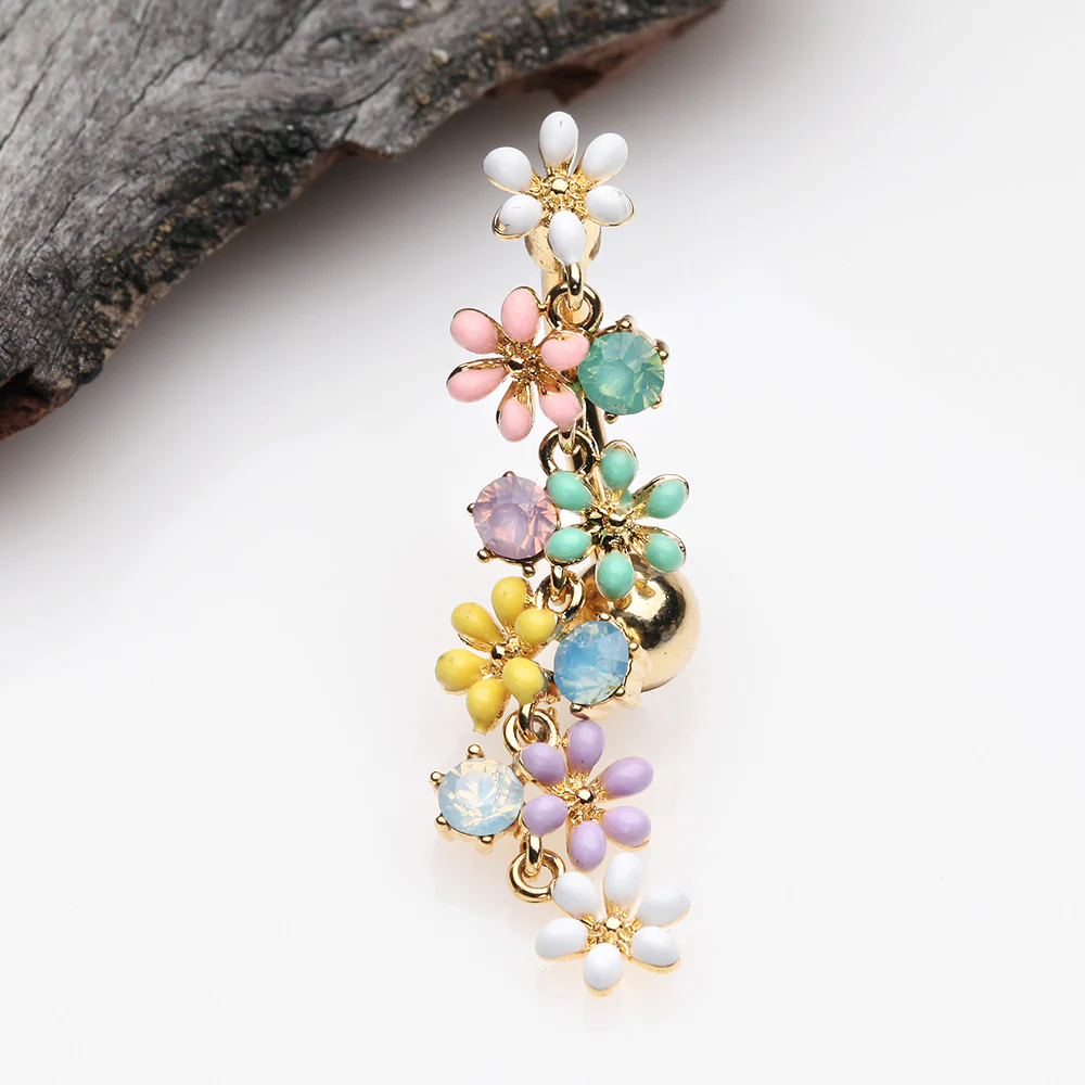 Golden Adorable Flower Dazzle Opalite Sparkle Reverse Belly Button Ring - Image 3