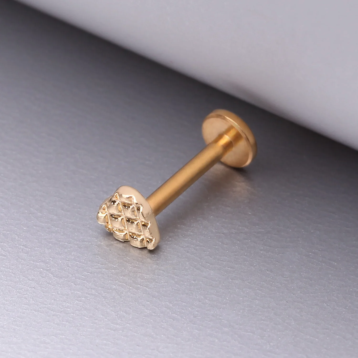 Golden Adorable Heart Embossed Top Internally Threaded Steel Flat Back Stud Labret - Image 2