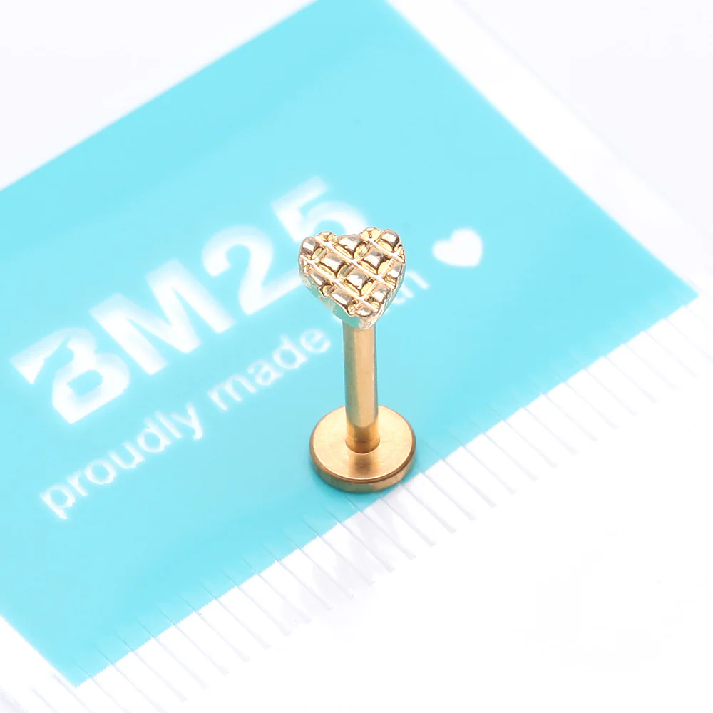 Golden Adorable Heart Embossed Top Internally Threaded Steel Flat Back Stud Labret - Image 4