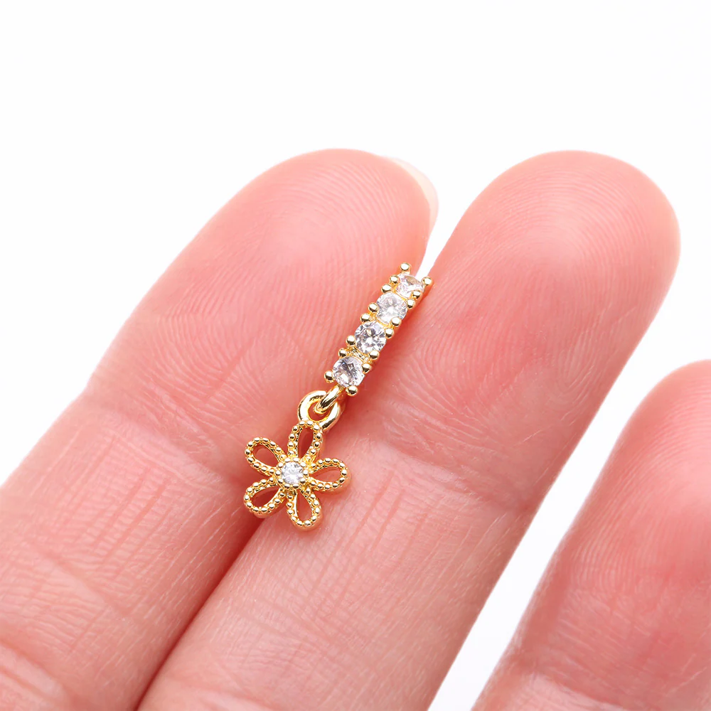 Golden Adorable Hollow Flower Sparkle Dangle Multi-Gem Lined Bendable Hoop Ring - Image 3