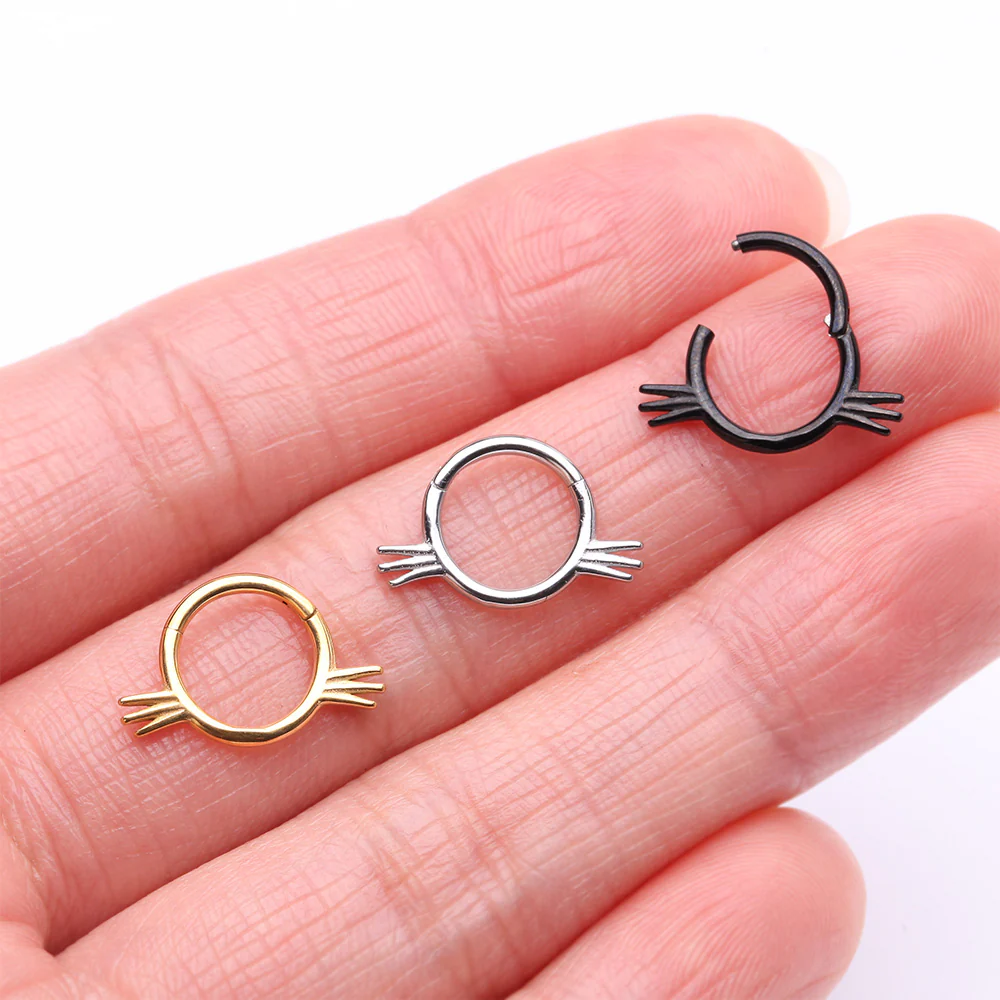 Golden Adorable Kitty Cat Whisker Clicker Hoop Ring - Image 3