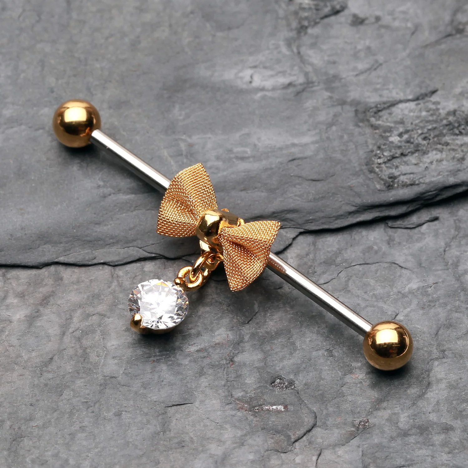 Golden Adorable Mesh Bow-Tie Industrial Barbell - Image 2