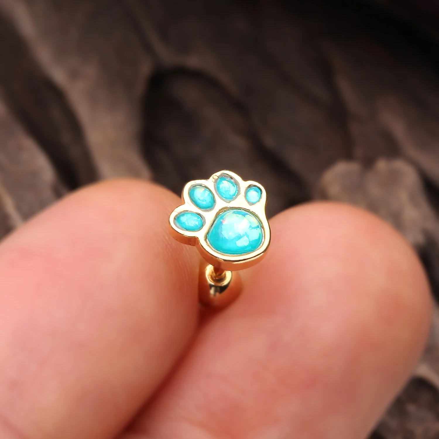 Golden Adorable Paw Print Opal Sparkle Cartilage Tragus Earring - Image 2
