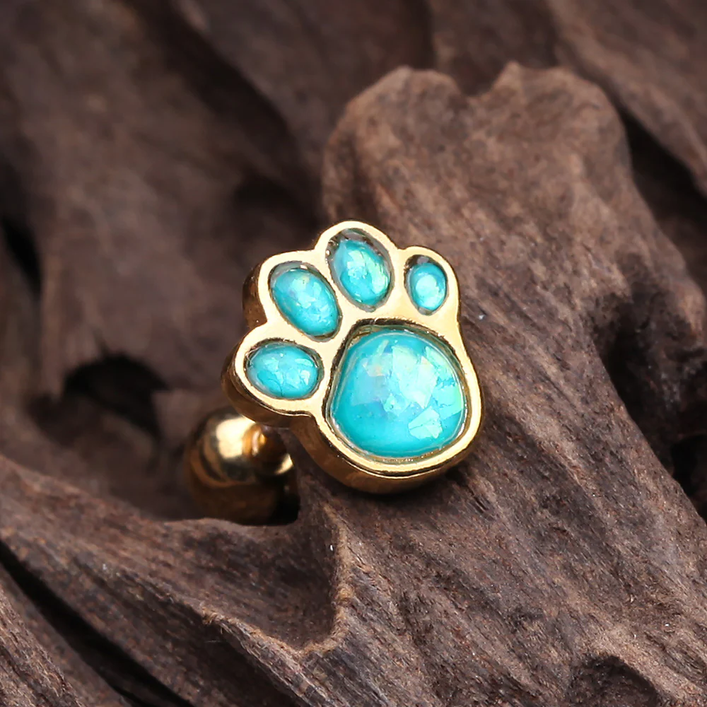 Golden Adorable Paw Print Opal Sparkle Cartilage Tragus Earring - Image 3
