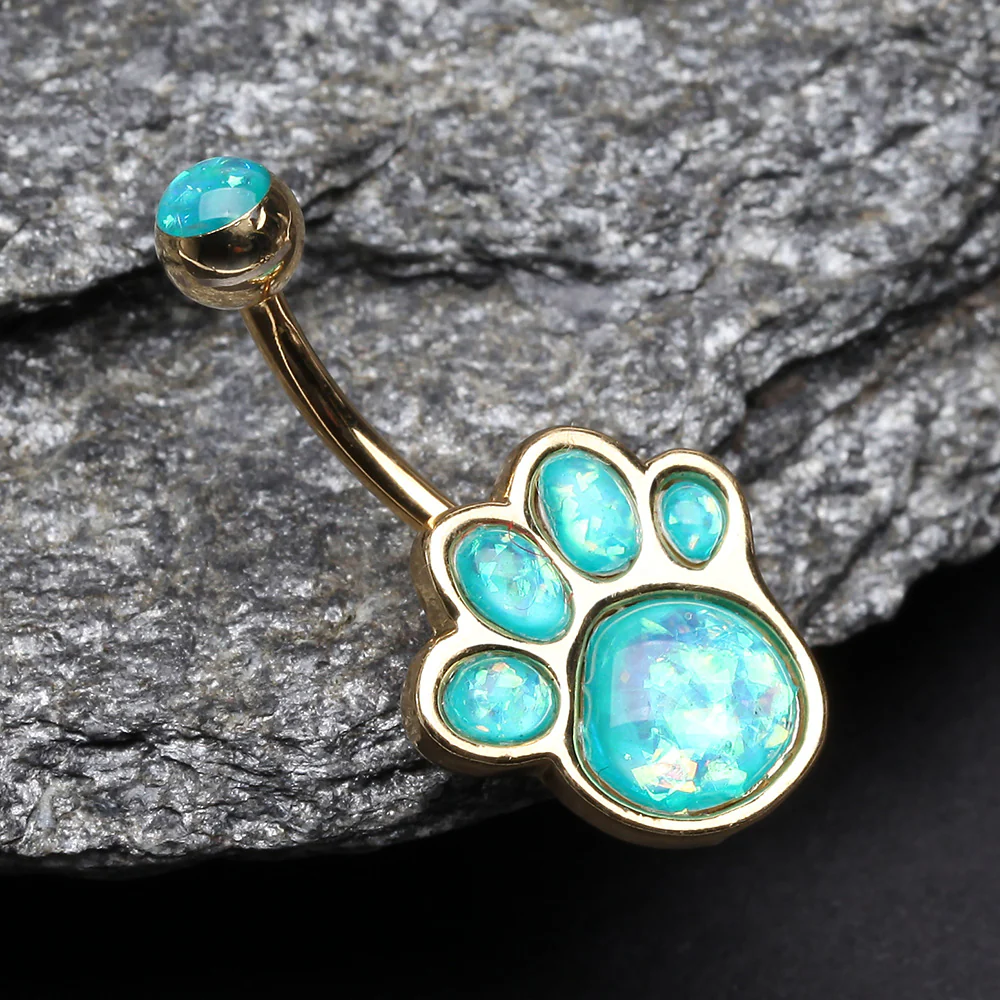 Golden Adorable Paw Print Opalescent Sparkle Belly Button Ring - Image 3