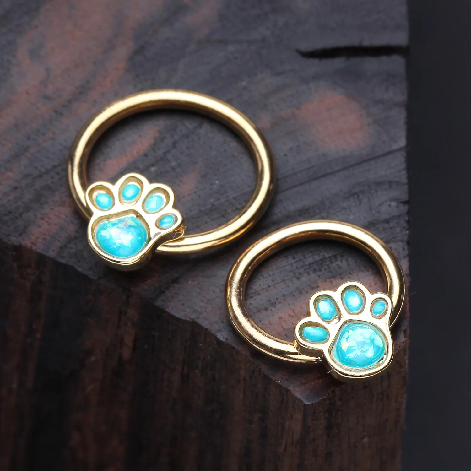 Golden Adorable Paw Print Opalescent Sparkle Captive Bead Ring - Image 2