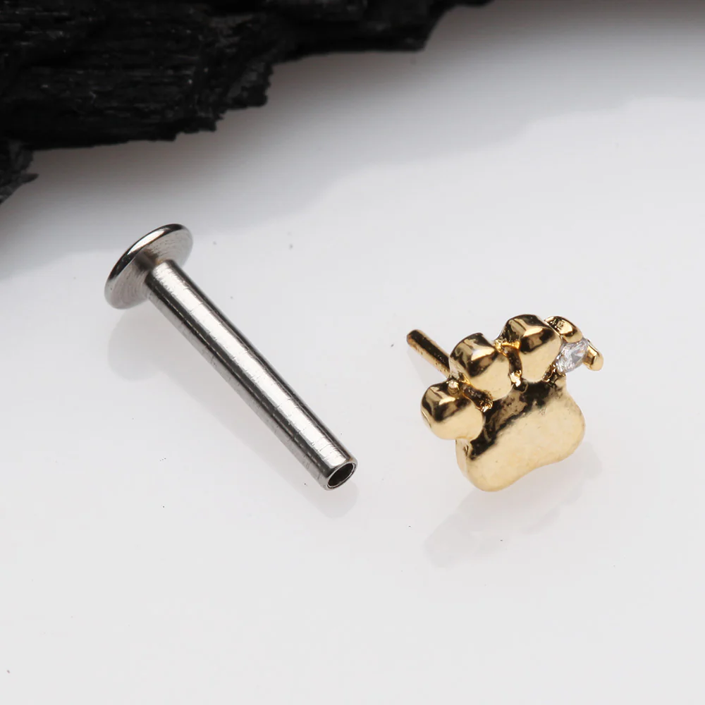 Golden Adorable Sparkle Paw Top Threadless Push-In Steel Labret - Image 3