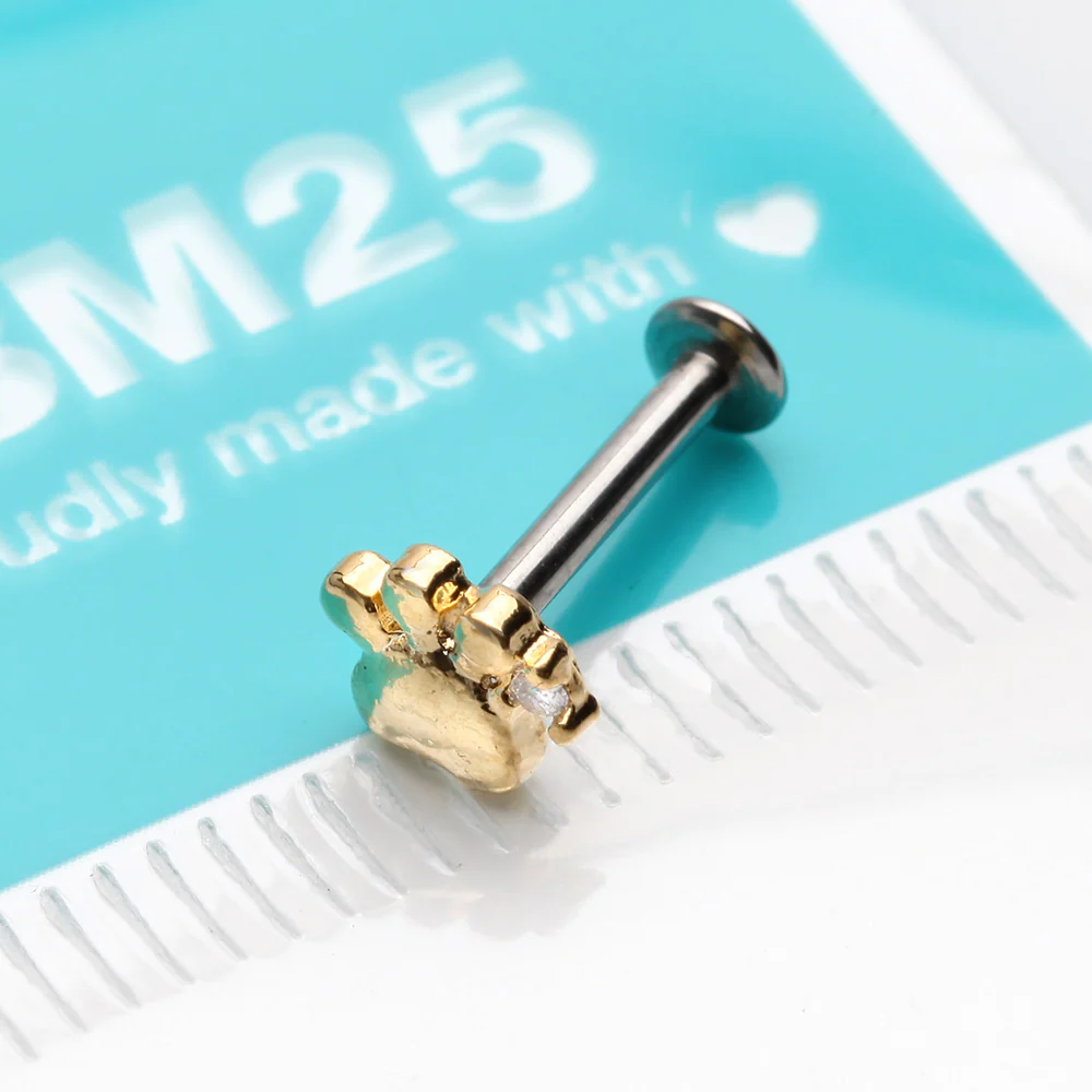 Golden Adorable Sparkle Paw Top Threadless Push-In Steel Labret - Image 4