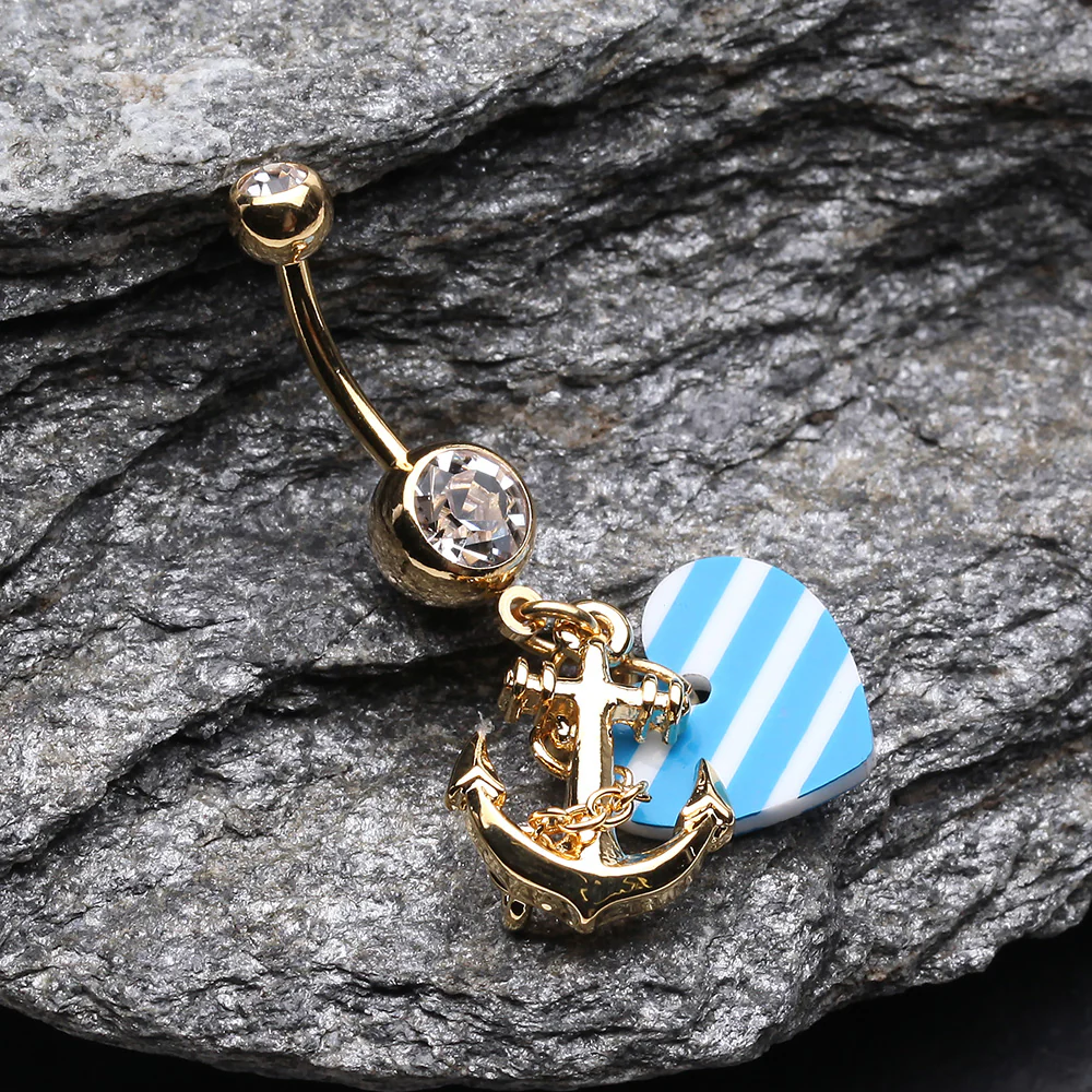Golden Anchor Nautical Heart Belly Button Ring - Image 3