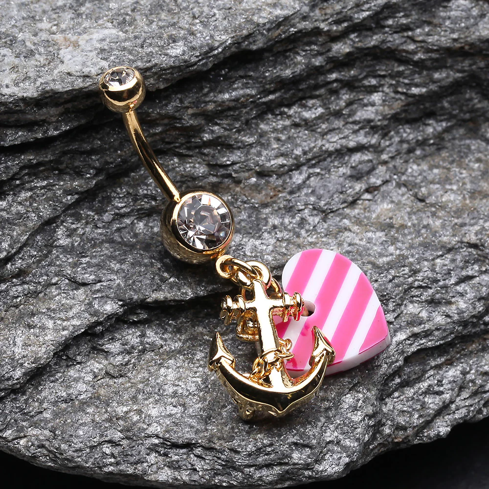 Golden Anchor Nautical Heart Belly Button Ring - Image 3