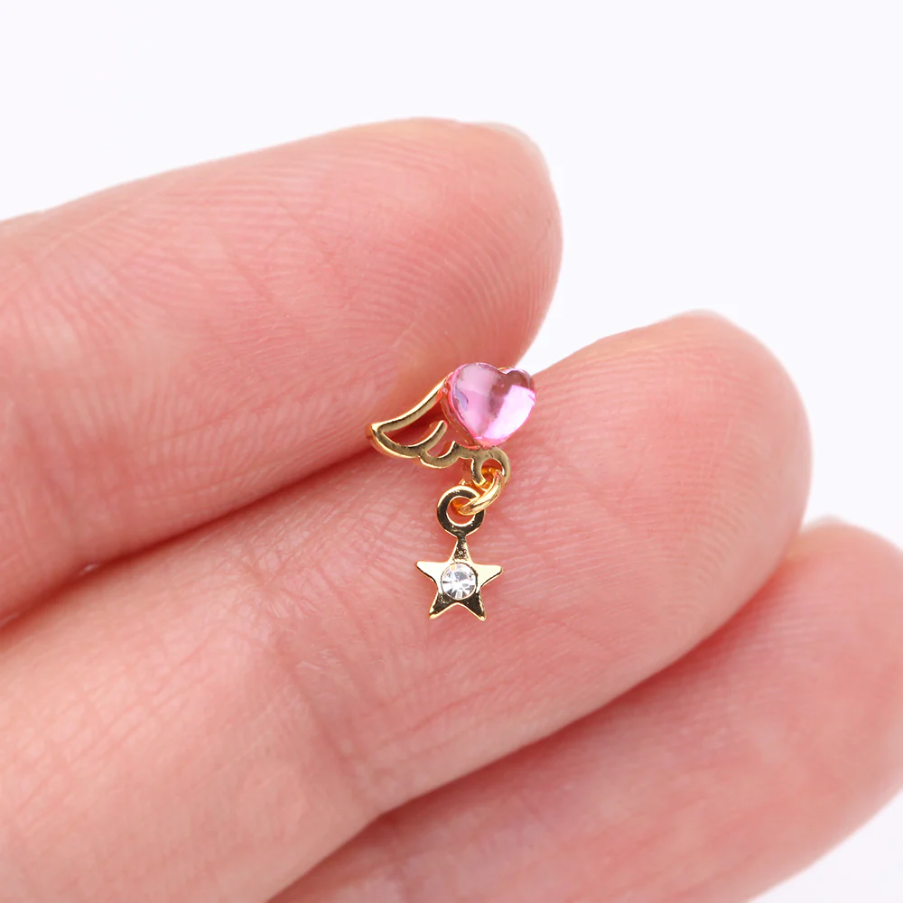 Golden Angel Heart Sparkle Star Dangle L-Shaped Nose Ring - Image 3