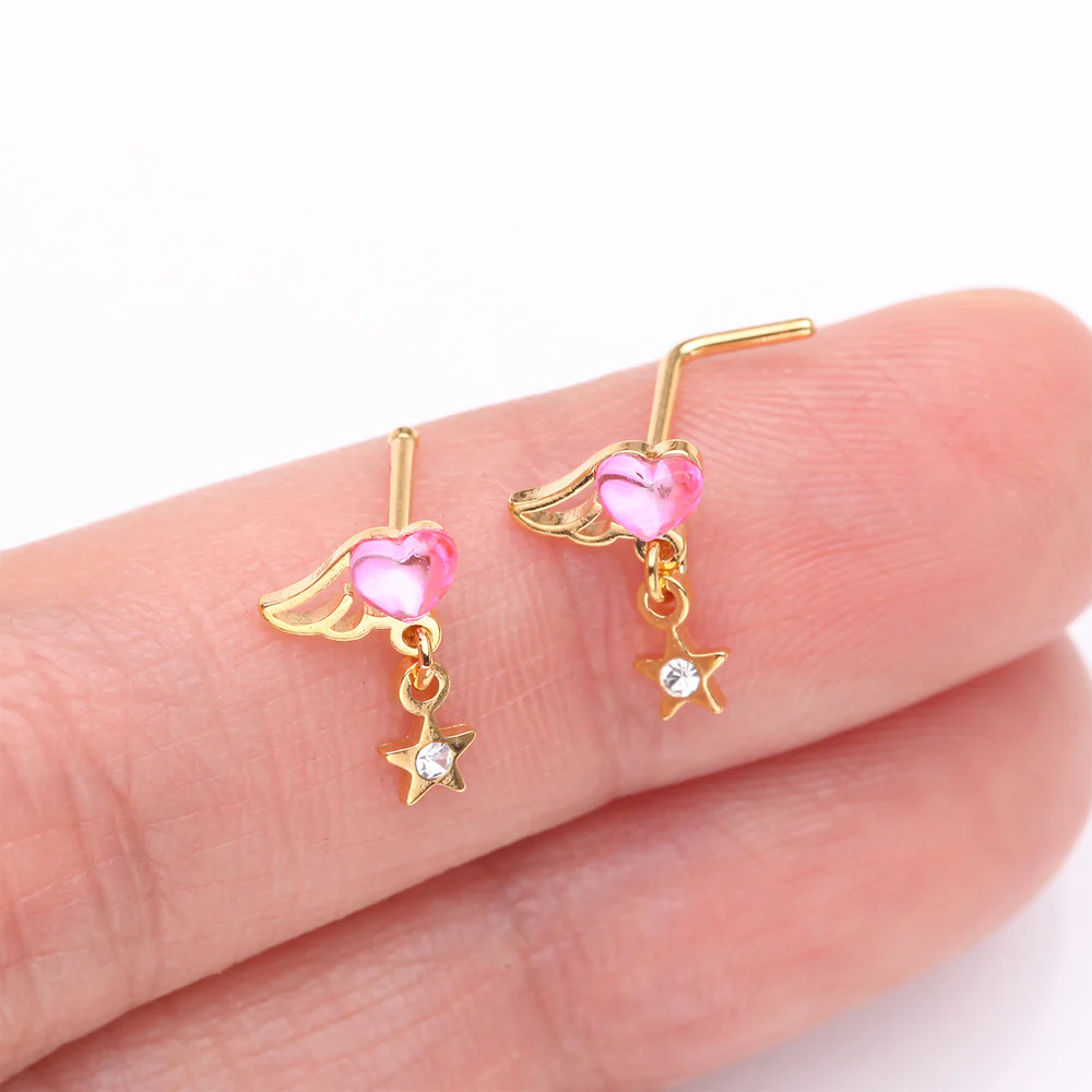 Golden Angel Heart Sparkle Star Dangle L-Shaped Nose Ring - Image 4