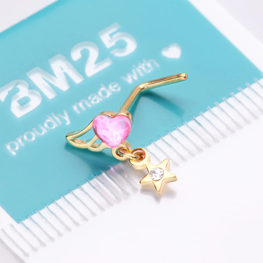 Golden Angel Heart Sparkle Star Dangle L-Shaped Nose Ring - Image 5