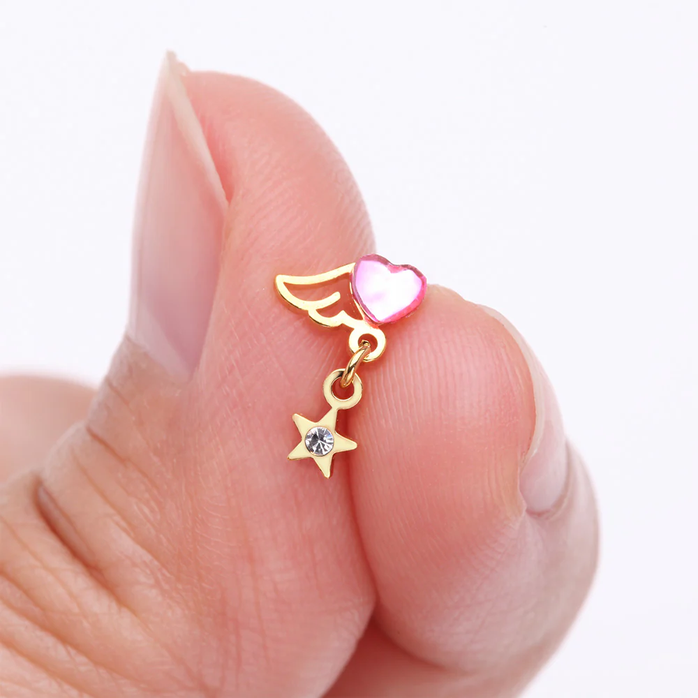 Golden Angel Heart Sparkle Star Dangle Nose Stud Ring - Image 3