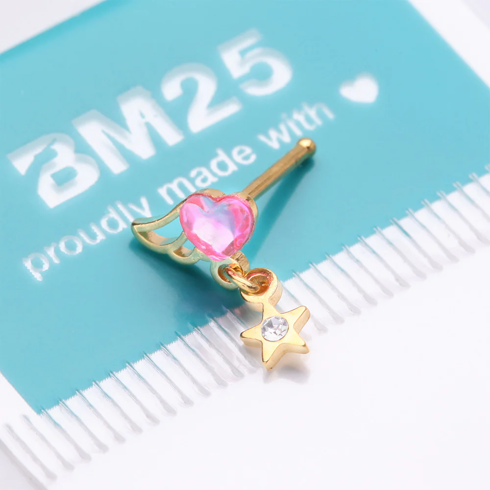Golden Angel Heart Sparkle Star Dangle Nose Stud Ring - Image 5