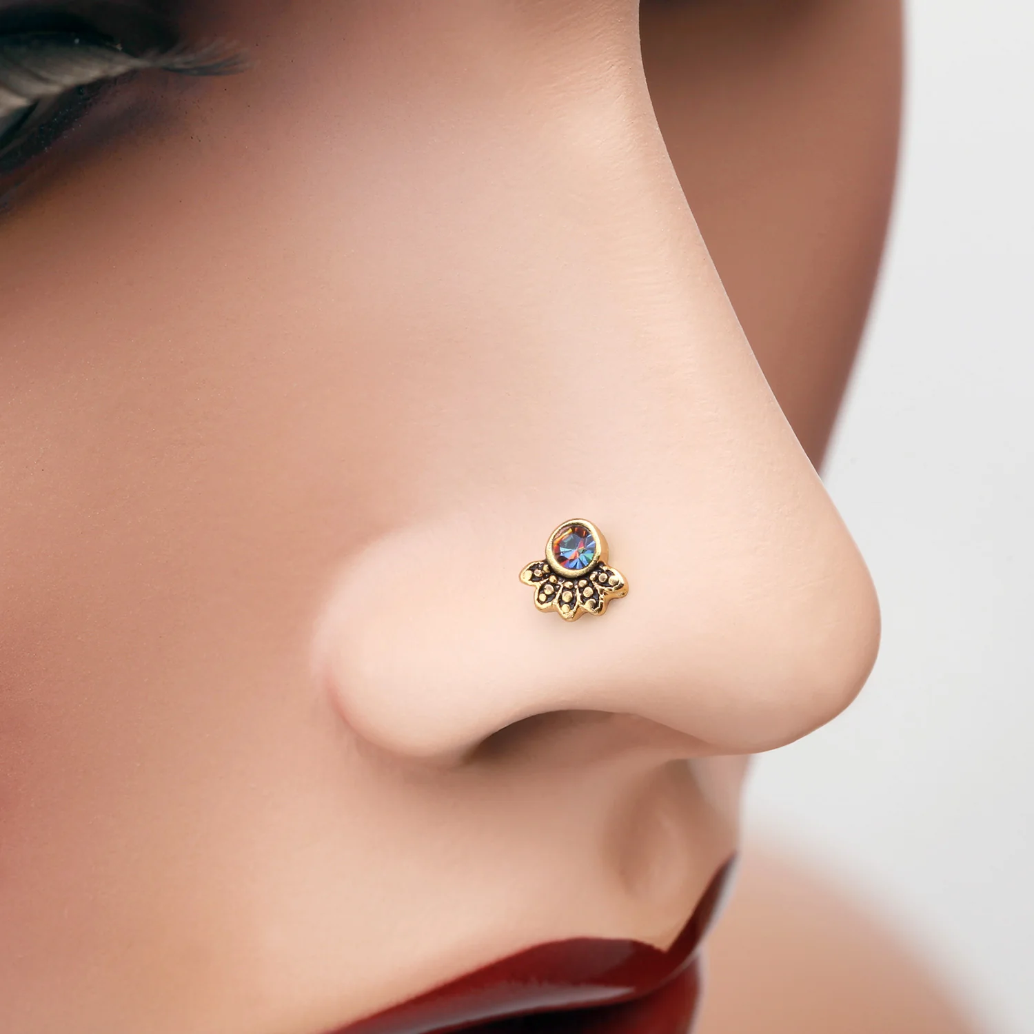 Golden Antique Bali Floral Sparkle L-Shaped Nose Ring - Image 2