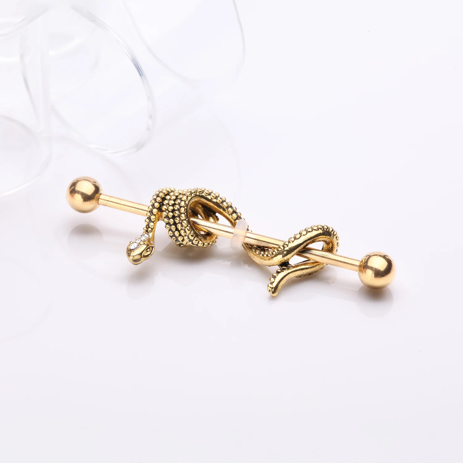 Golden Antique Serpent Snake Sparkle Steel Industrial Barbell - Image 2