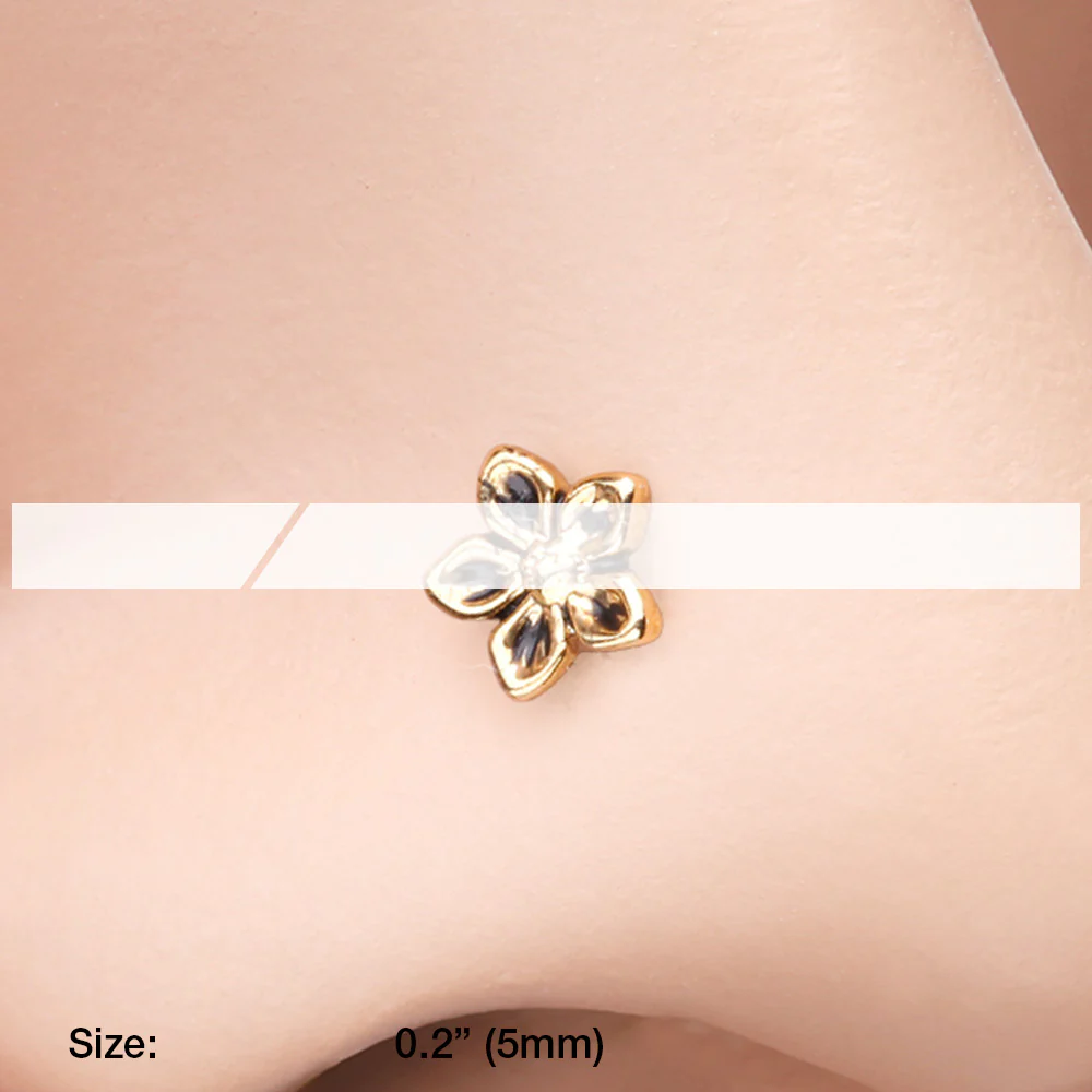 Golden Antique Violet Flower L-Shaped Nose Ring - Image 3