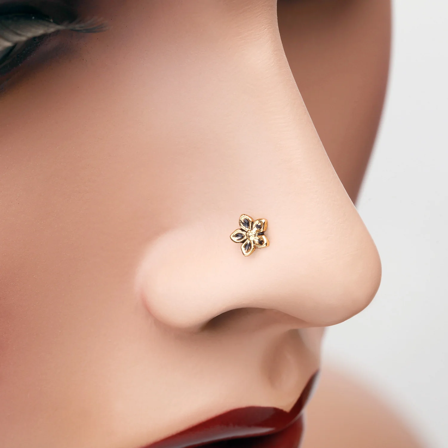Golden Antique Violet Flower Nose Stud Ring - Image 2