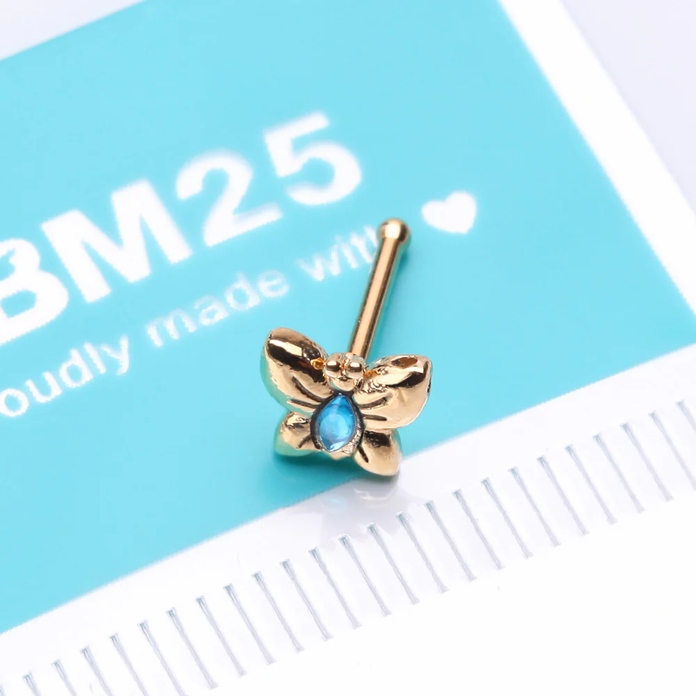 Golden Aqua Butterfly Sparkle Nose Stud Ring - Image 3