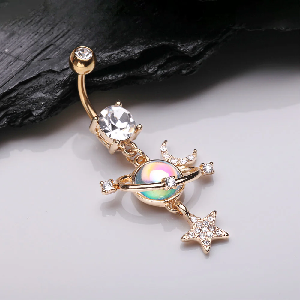 Golden Aurora Celestial Sparkle Sun and Moon Orbit Belly Button Ring - Image 3